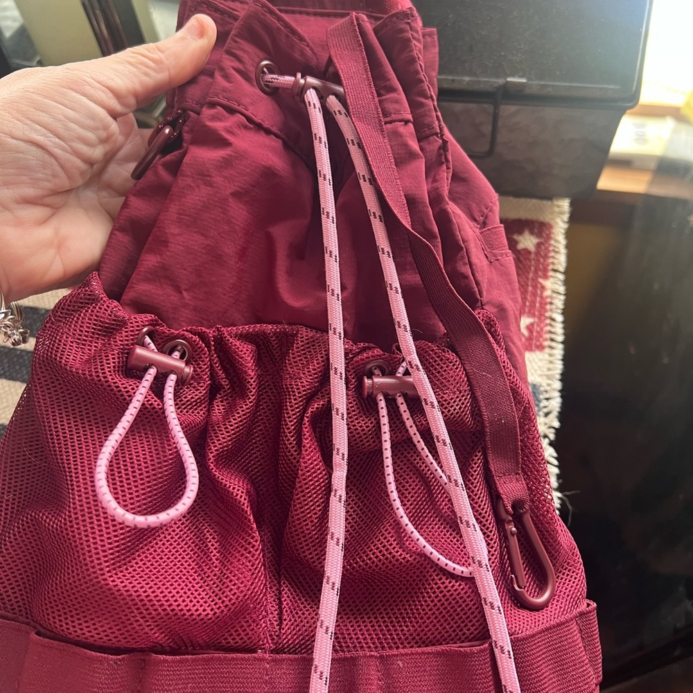 Maroon Drawstring Backpack with Pink Accents ligh… - image 2